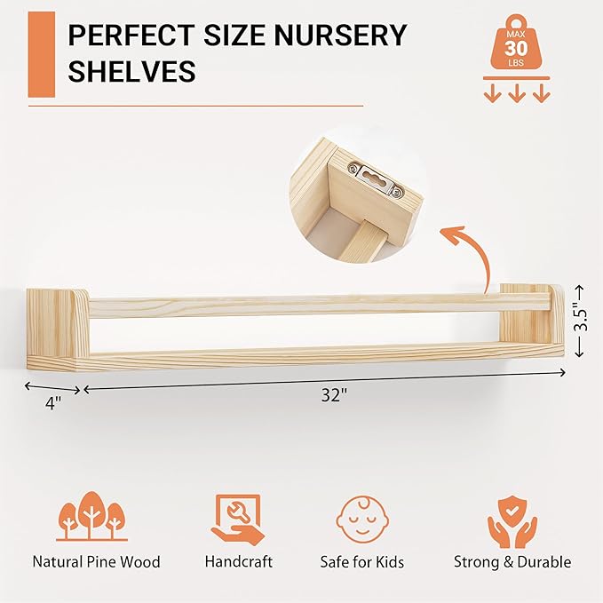 Heimlove Nursery Floating Shelves, Wood Nursery Book Shelves for Wall, 32 inch Wall Bookshelf for Kids Solid Wood Shelves for Books,Toys and Decor Storage, Set of 3