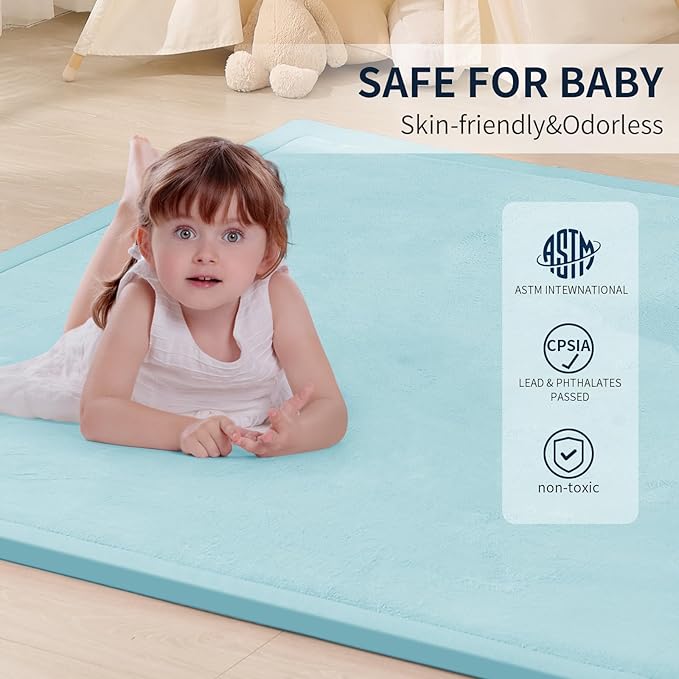 ACOMOPACK Baby Play Mat for Floor 1.3" Thick Memory Foam Play Mat 79"×118" Tummy Time Crawling with Non-Slip Bottom for Living Room,Nursery,Soft Velvet Playpen Mats for Kids,Infants（Light Blue）