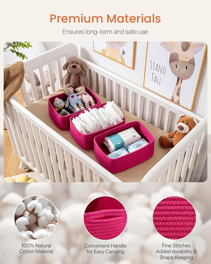 KALLAX Small Woven Basket, 13.5 x 9.5 x 5 Inches, Storage Basket for Organizing, Cute Small Rope Shelf Closet Cube Storage Bins Baskets for Shelves, Dog Toy Gift Baskets Empty, 3 Packs, Hot Pink