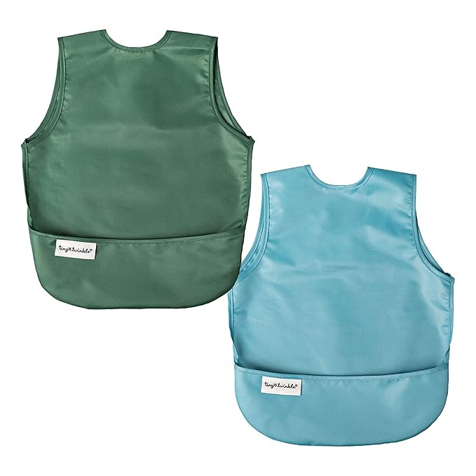 Tiny Twinkle Mess Proof Apron Bibs - 2 Pack Waterproof & Lightweight Baby Bibs for Led Weaning | 100% Recycled Polyester, Easy Clean & Machine Washable (Slate Olive,Small 6-24 Months)