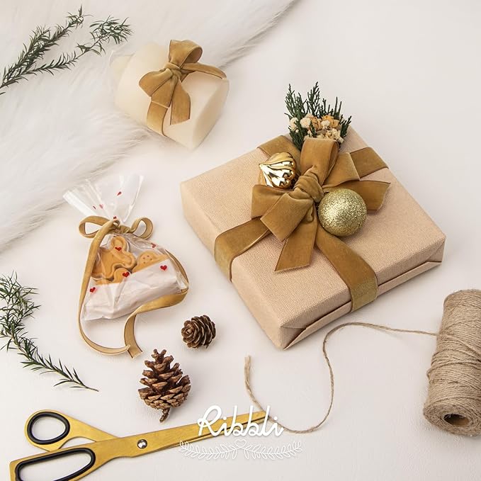 Ribbli Polyester Khaki Velvet Ribbon,5/8 Inches Continuous10-Yard Spool,Christmas Ribbon for Gift Wrapping,Floral Bouquets, Home Decor