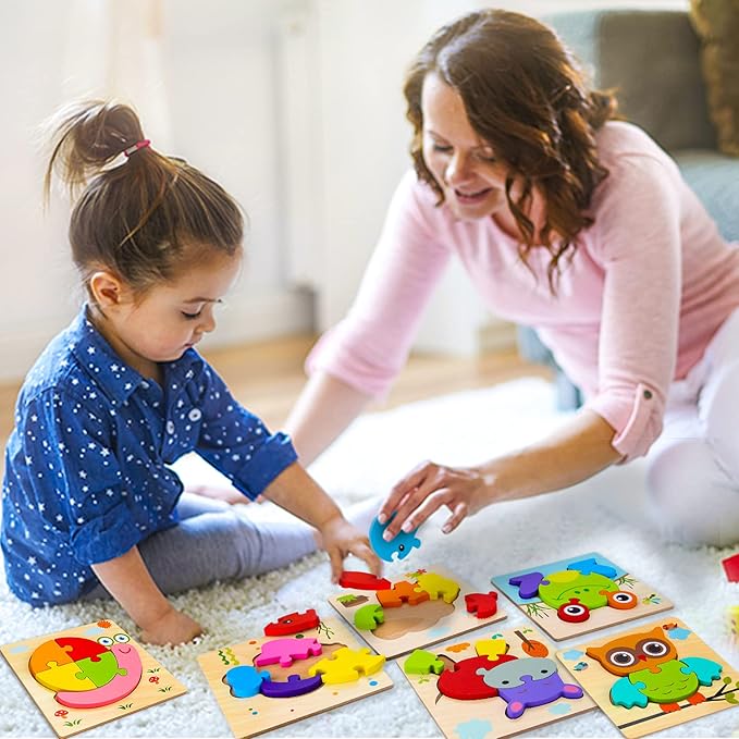 SKYFIELD Wooden Animal Puzzles for 1 2 3 Years Old Boys Girls, Toddler Educational Developmental Toys Gift with 6 Animals Baby Montessori Color Shapes Learning Puzzles