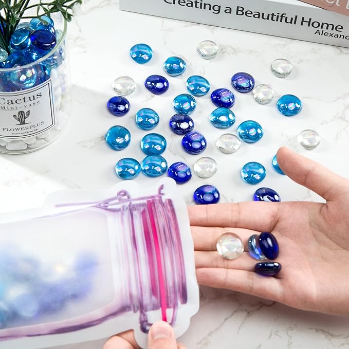 FUTUREPLUSX 1LB Iridescent Flat Glass Marbles, Vase Fillers Blue Mixed Glass Beads Rocks for Fish Tank Aquarium Decor DIY Craft