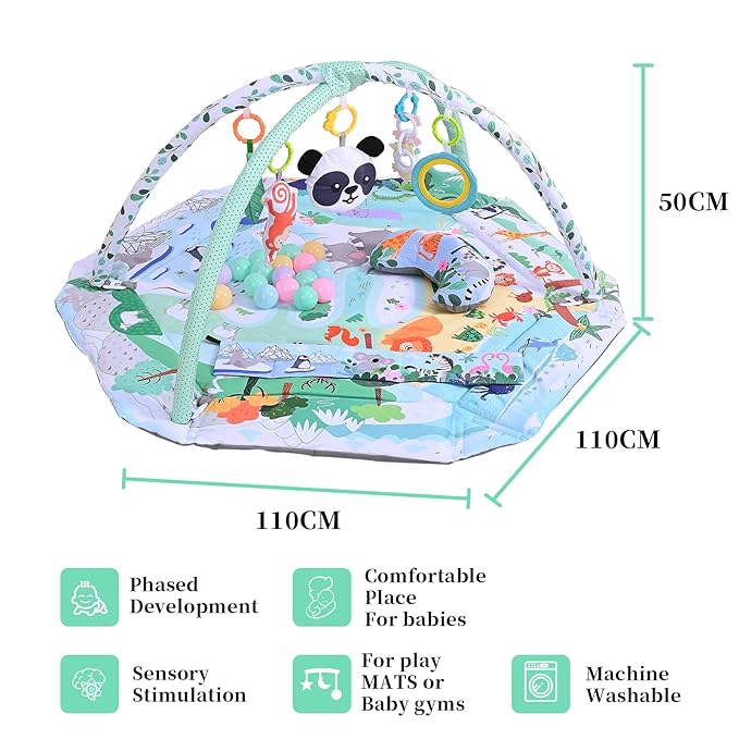 Baby Play Gym & Activity Mat,10-in-1 Tummy Time Mat,Panda Washable Baby Playmat with Detachable Toys,2 in 1 Baby Mat & Fence for Sensory Exploration and Motor Skill Development at Different Stages