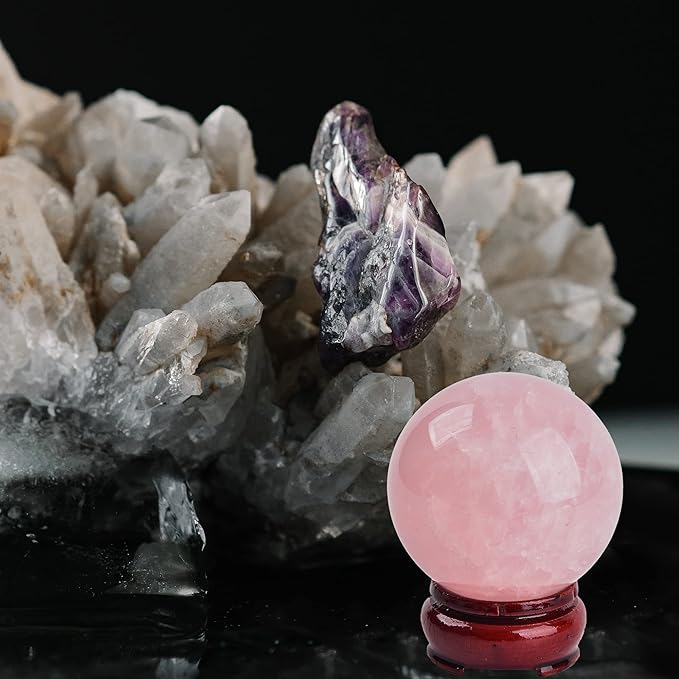 JIC Gem Natural Pink Rose Quartz Ball Sphere with Base,Class 1，10-11cm