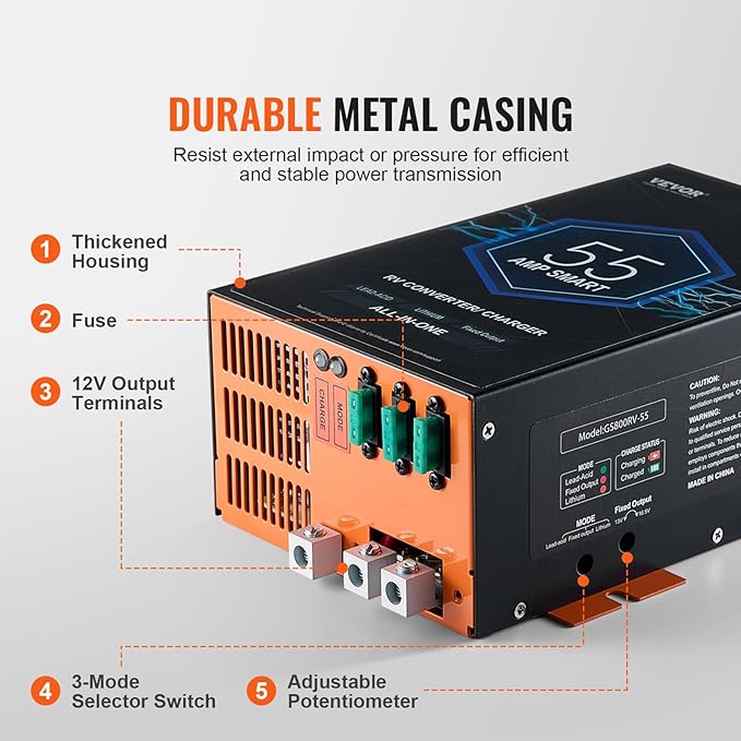 VEVOR RV Converter, 55 Amp, 110V AC to 12V DC RV Power Converter Battery Charger with 4 Stage Smart Charging 13V to 16.5V Adjustable Operating Range, Compatible with Lithium Lead Acid Battery, ETL