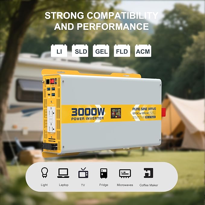 XWJNE 3000W Pure Sine Wave Power Inverter 12V DC to 120V GFCI AC Converter with LCD Display and Remote for Home, RV, Truck, Off-Grid Solar Power