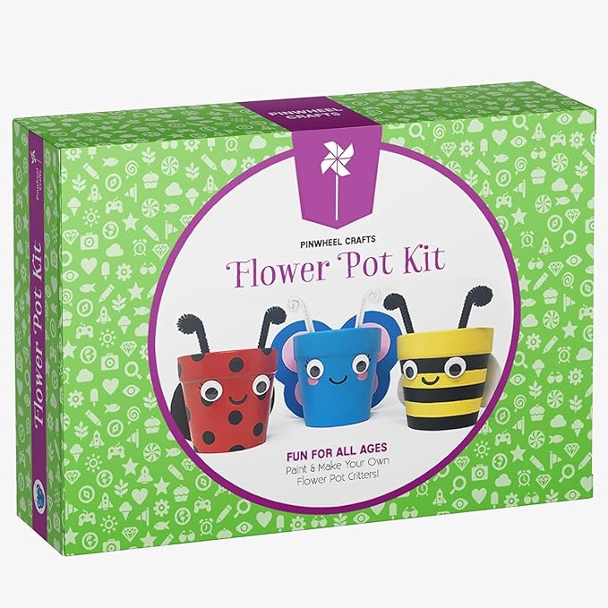 Pinwheel Crafts Flower Pot Painting Kit – Paint Your Own Kids Gardening Set with Seeds, Soil, 8 Paints, 2 Brushes & 3 Pots, DIY Plant Growing Kit for Kids Ages 8-12+, Kid Gardening Set