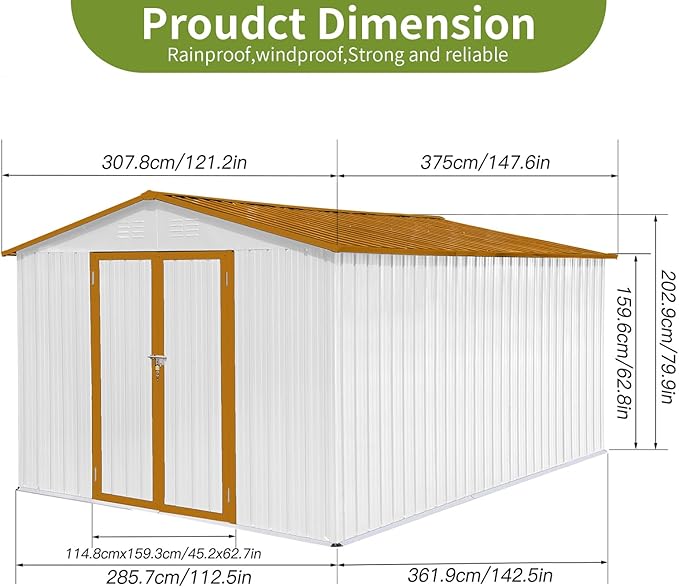 12x10FT Heavy-Duty Metal Storage Shed Heavy-Duty Steel Garden Shed, Secure Hinged Door, Weatherproof for Tools, Bikes & Lawn Equipment