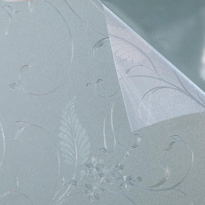 Mikomer Privacy Window Film Etched Flowers Static Cling Glass Door Film, Non Adhesive Heat Control Anti UV Window Cling for Office and Home Decoration,17.5 inches by 118 inches