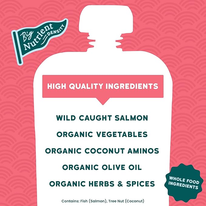 Serenity Kids 6+ Months Salmon Teriyaki Baby Food Puree Pouch - Organic Veggies & Ethically Sourced Salmon - No Added Sugar Baby Snacks - BPA-Free Pouches- 3.5 Oz, 6 Pack