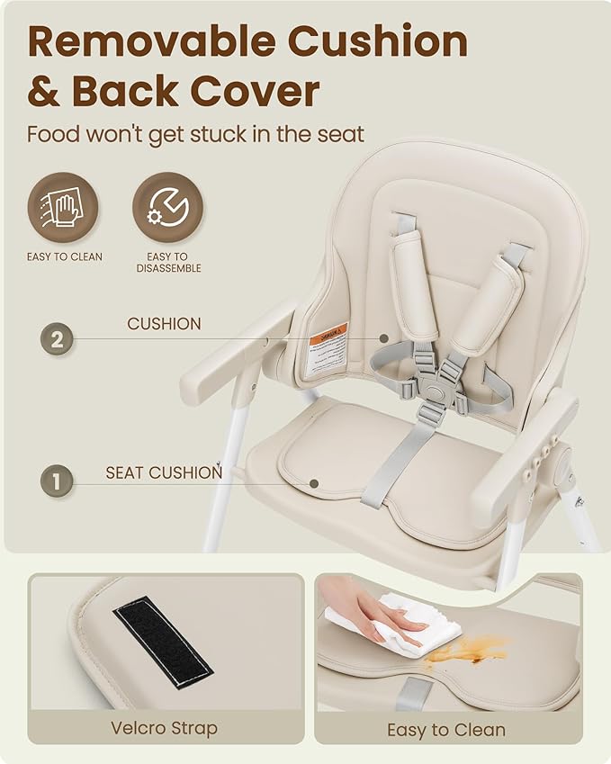 Foldable High Chair, High Chairs for Babies and Toddlers, Dining Chairs and Eating Chair with Adjustable Tray and 5 Point Harness for Infant, Beige