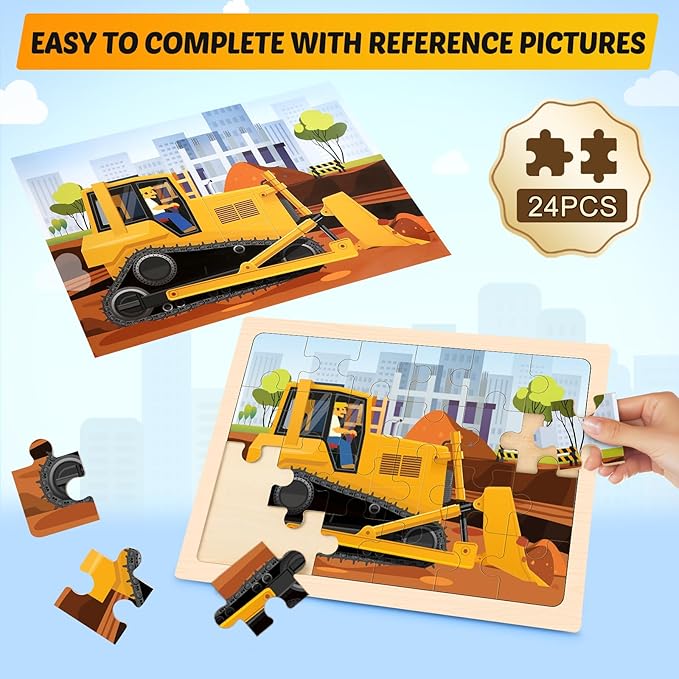 Wooden Puzzles for Kids Ages 4-6, 4 Packs 24 PCS Construction Vehicle Jigsaw Puzzles for Kids Ages 3-5, Preschool Educational Puzzles Boards Toys Gifts for Boys Girls