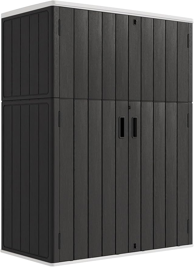 KINYING Outdoor Storage Cabinet Waterproof, 57 Cu.ft Resin Vertical Outdoor Storage Shed for Patio Furniture, Garden Tools, Pool Accessories, Mower Storage (Black)