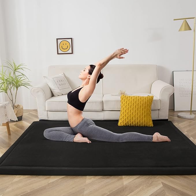 MAXYOYO Black Coral Velvet Area Rug, Thick Japanese Tatami Mat Living Room Carpet with Non-Slip Backing, Large Solid Color Mat for Bedroom Dormitory Yoga, 78 by 78 inch