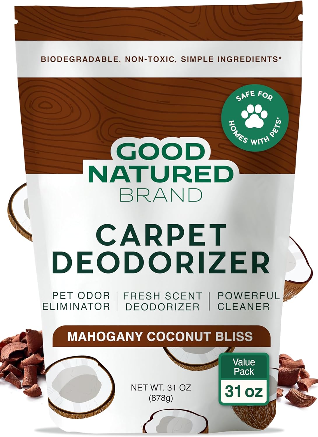 Good Natured Brand | Carpet Deodorizer & Freshener Powder | 31 oz Pet Odor Eliminator for Strong Odor & Pet Urine | Fresh Natural Mahogany Coconut Bliss Scent | Safe for Homes with Pets