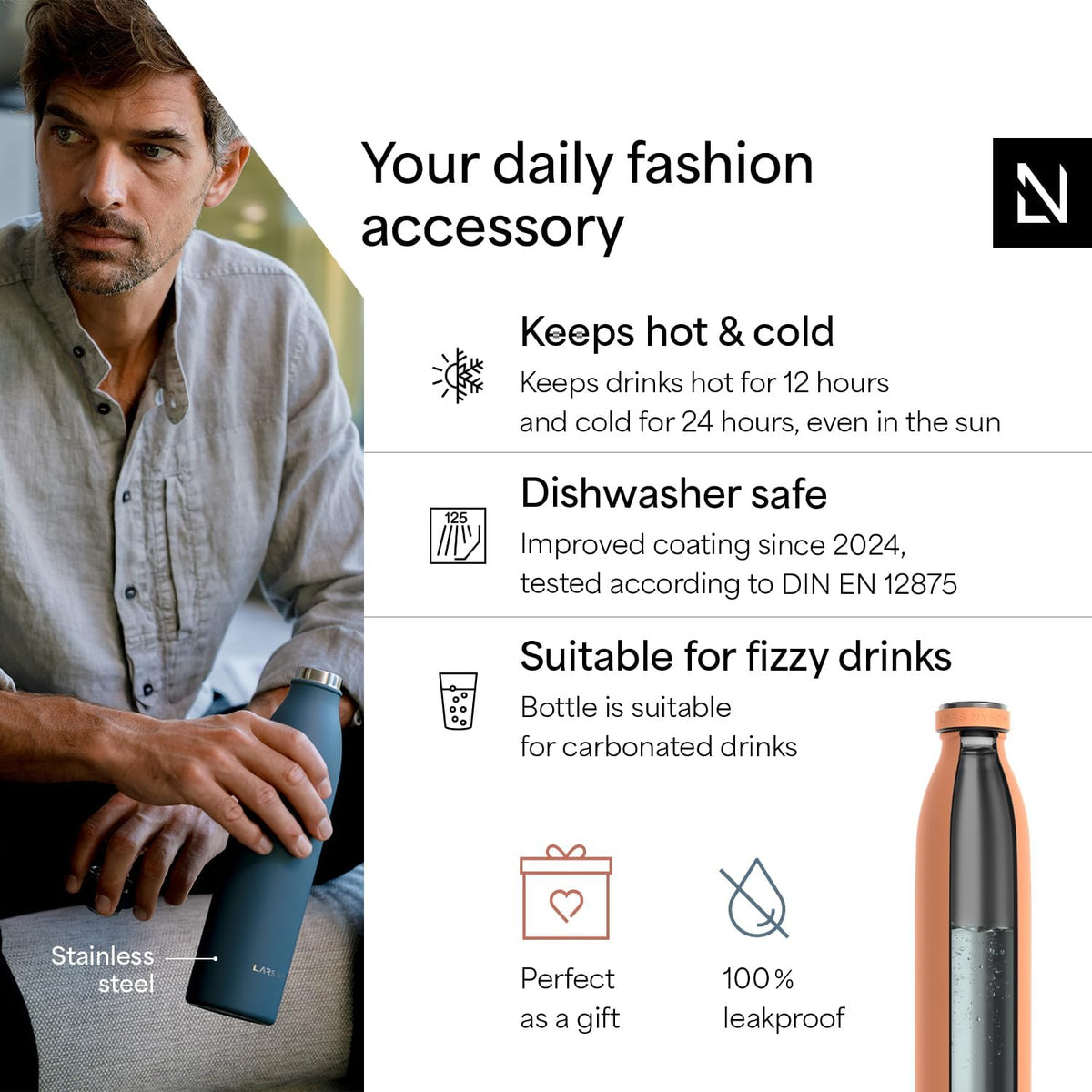 LARS NYSØM Stainless Steel Insulated Water Bottle 12oz 17oz 25oz 34oz 51oz | Insulated Thermo Flask for Hot and Cold Beverages | Leakproof Drinking Bottle (Pumpkin Orange, 33.9 oz)