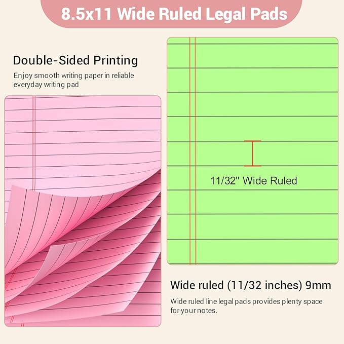 Legal Pads 8.5 x 11 Colored Notepad, 12 Pack Wide Ruled Lined Paper, Micro Perforated Writing Pads, 30 Sheet/Note Pads, Pink Legal Pad 8.5 x 11 Notebook Paper Tablet for School