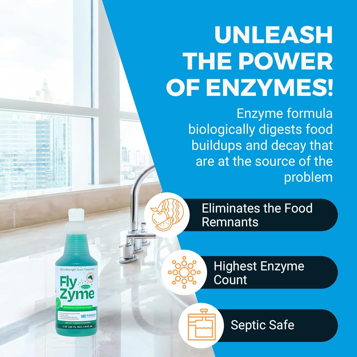 Kinzua Environmental Fly-Zyme, Highly Concentrated Enzyme Drain Cleaner for Pipes, Drain Gel for Fruit Flies, Organic Waste Degrader & Odor Neutralizer, 32 fl oz, Pack of 2
