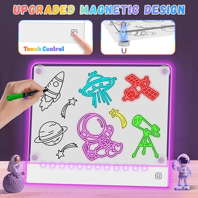 Rechargeable LED Note Board with 7 Colors, Doodle Glow Drawing Lumi Board for Kids with 4 Magnet and Invisible Stand, Light up Acrylic Dry Erase Board with 7 Markers & Tracing Paper (11.8"X9.8")
