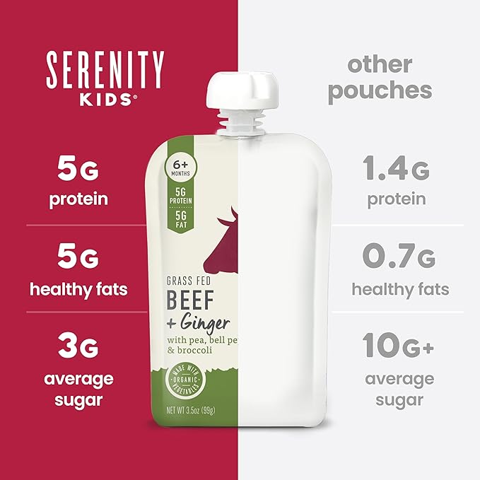 Serenity Kids 6+ Month Organic Beef & Veggie Baby Food Pouches - Grass-Fed Beef with Organic Pea, Bell Pepper & Broccoli - BPA-Free Baby Puree Pouch - 3.5 Oz, 12 Pack