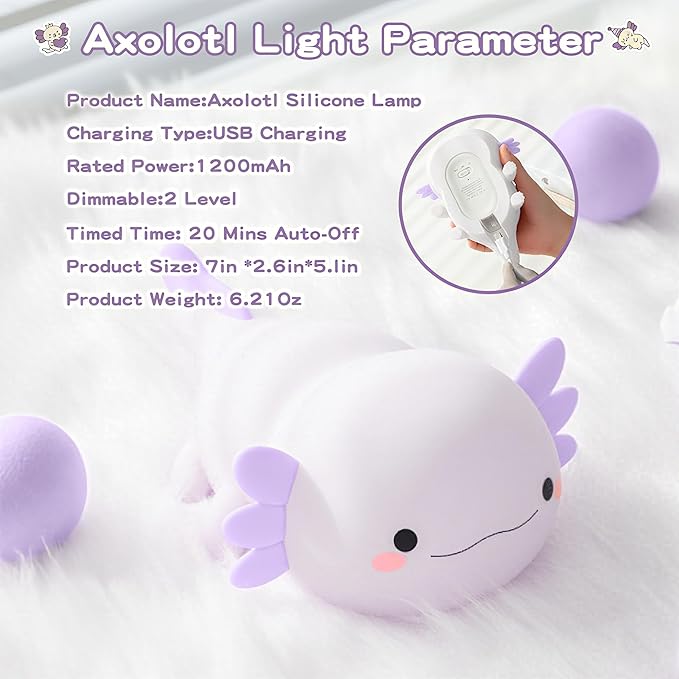 Axolotl Night Light for Kids,Cute Purple Axolotl Lamp,LED Squishy Nursery Nightlight, Food Grade Soft Silicone Novelty Animal Bedside Lamp,Adorable Room Decor, Axolotl Gitfs for Mother Girls Baby