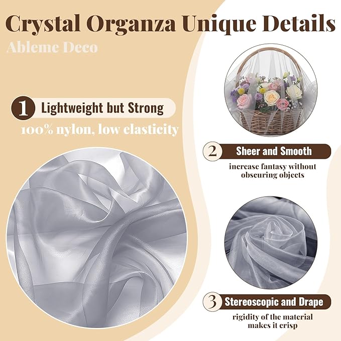 Sheer Fabric 60" x 1 Yards (3 ft) Organza Fabric by The Yard for DIY Wedding Decorations Craft Projects Party Backdrops Bows (Gray)