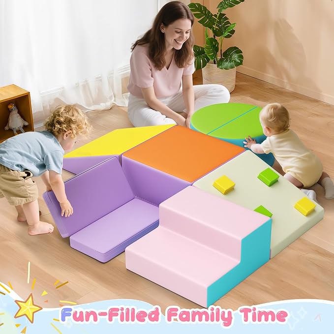 Lischwert Foam Climbing Blocks for Toddlers 1-3, 7pcs Soft Play Set with Crawling Exploration Toys, Indoor Outdoor Infant Safe Blocks for Baby Gym Toddler Playground