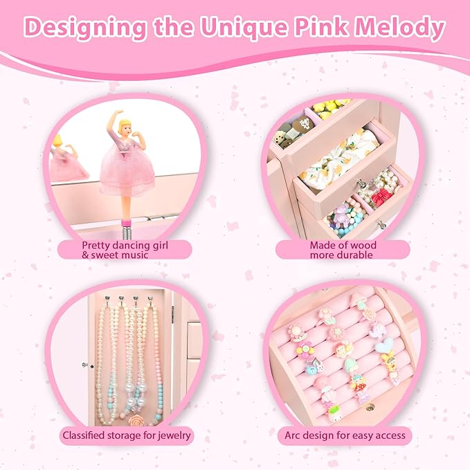 Musical Jewelry Box for Girls, Large Kid Music Box with Ballerina for Birthday Bedroom Decor, 5 Layer Girl Jewelry Gifts for Girls Kids - Pink