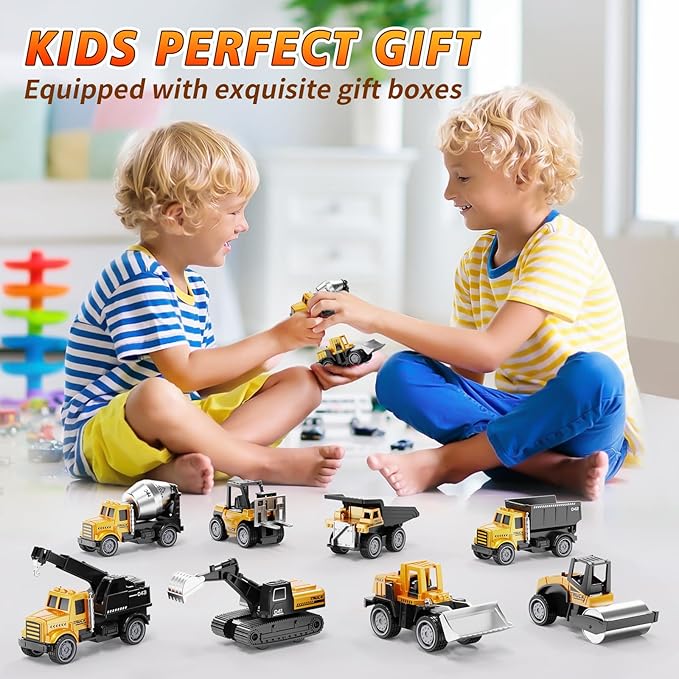 HONGTUO Alloy Mini Construction Vehicles, 8Pcs Die-cast Construction Toys Set, Excavators Mixer Truck Bulldozers Forklift Dump Truck, Pull Back Car Toys for Toddlers Kids Boys & Girls