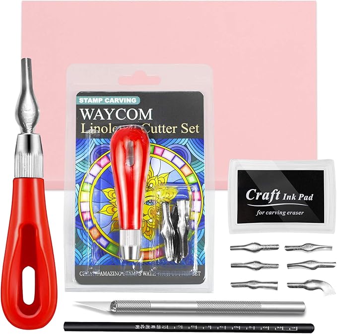 WAYCOM Rubber Stamp Making Kit - Linoleum Cutter Set, Hobby Knife, Pencil for DIY Stamp Carving Craft