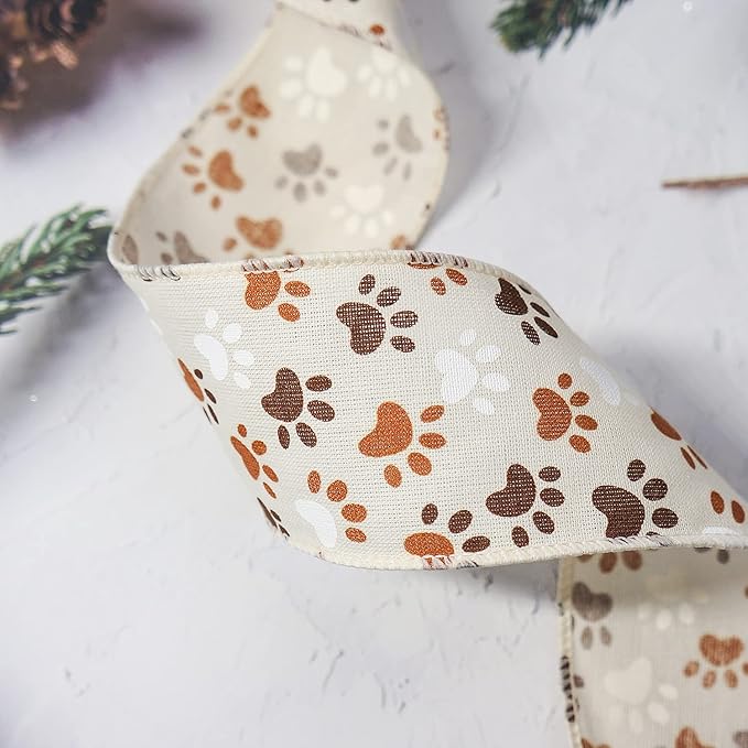 CT CRAFT LLC Ivory Canvas Dog Paw Wired Ribbon 2.5 Inch x 10 Yards for Christmas Home Decor Tree Topper Bow Gift Wrapping DIY Crafts Wreath Garland