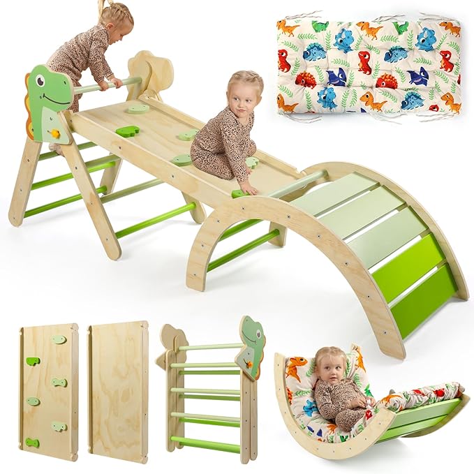 Pikler Triangle Set with Cushion, 7 in 1 Toddler Climbing Toys Indoor, Montessori Foldable Set, Wooden Climbing Toys for Toddlers Inside with Ramp, Arch and Ladder (Dinosaur)