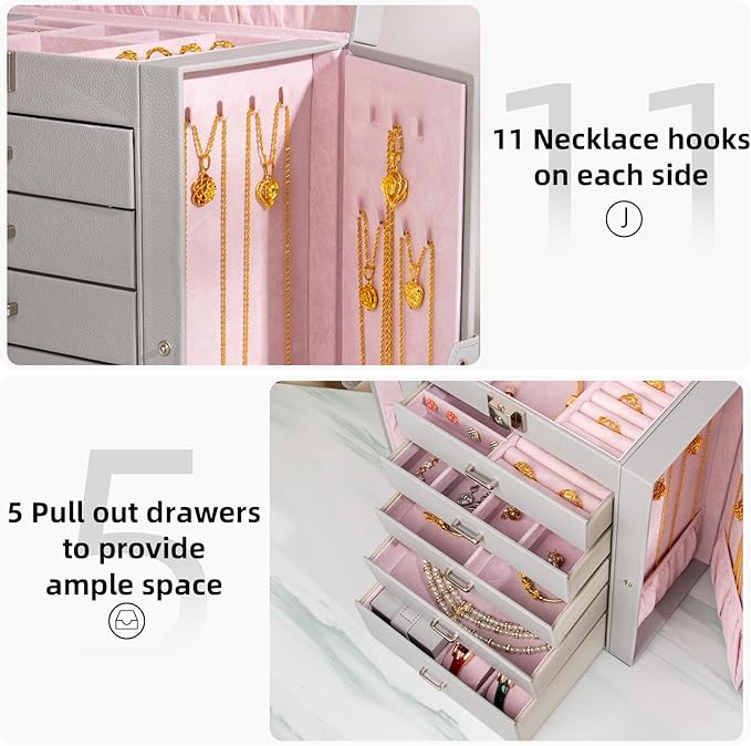 Large Jewelry Box,5-Tier PU Leather Jewelry Organizer with Lock,Multi-functional Storage Case with Mirror,Jewelry Organizer for Bracelets, Earrings, Rings, Necklaces, Mothers Day (GRAY)
