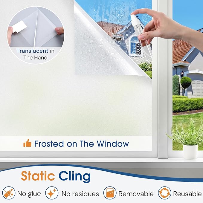 Homein Frosted Glass Window Privacy Film with Tools UV Blocking Privacy Film for Glass Windows, Static Cling No Glue Removable Reusable Anti Glare for Home Day and Night, Pure 35.4x78.7 inch