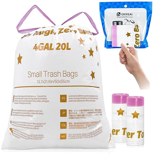 OKKEAI 4 Gallon Small Tear-Free Drawstring Trash Bags, White Bathroom Garbage Bags 60 Count – Heavy Duty Leak-Proof Wastebasket Liners with Safety Warning for Bathroom, Kitchen, Bedroom, Office