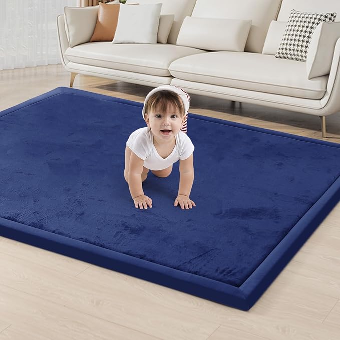ACOMOPACK Baby Play Mat for Floor 1.3" Thick Memory Foam Play Mat 71"×79" Tummy Time Crawling with Non-Slip Bottom for Living Room,Nursery,Soft Velvet Playpen Mats for Kids,Infants（Royal Blue）