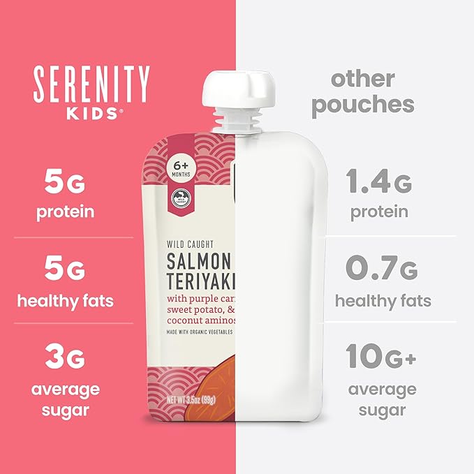 Serenity Kids 6+ Months Salmon Teriyaki Baby Food Puree Pouch - Organic Veggies & Ethically Sourced Salmon - No Added Sugar Baby Snacks - BPA-Free Pouches- 3.5 Oz, 6 Pack