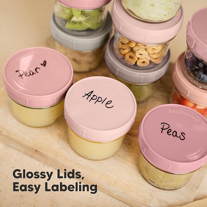 KeaBabies 12pk 4oz Glass Baby Food Containers with Lids - Leak-Proof, Microwavable Small Glass Jars, Baby Purees & Toddler Snack Storage Containers, BPA-Free, Dishwasher & Freezer Safe (Roseate)