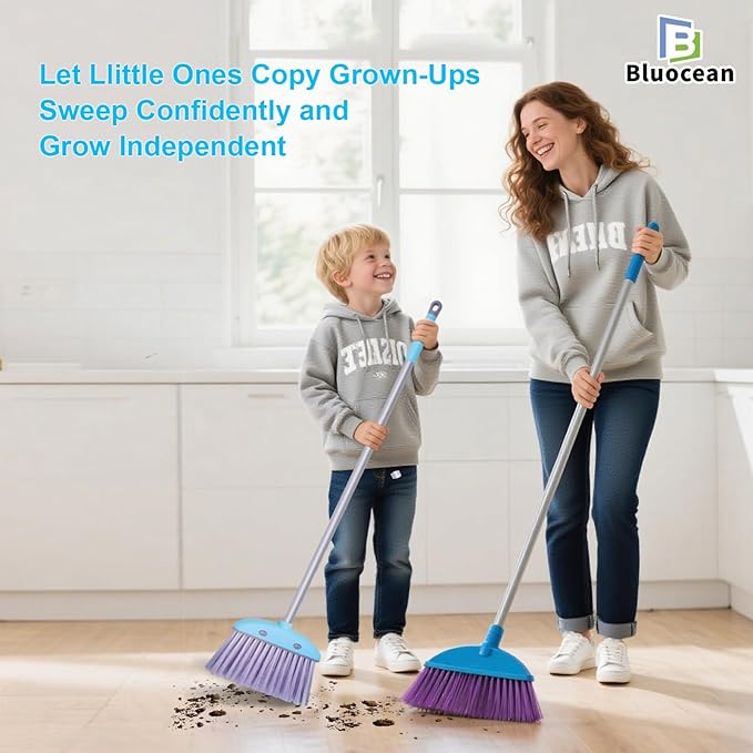 28′′ Mini Broom and Dustpan Set for Kids-Ideal Kids' Toys as Gifts, Parent-Child Interactive Cleaning Tool, Cute Cartoon Design, Household Helper for Toddlers, Small Safe Corner Broom (Blue Bubble)