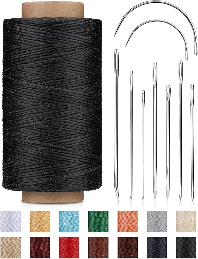 DIUDUS 218 Yards Waxed Thread, Leather Sewing Waxed Thread with Heavy Duty Sewing Needles, Leather Thread for Hand Stitching Leathercraft Repair Furniture Shoes Bags Sofa (Black)