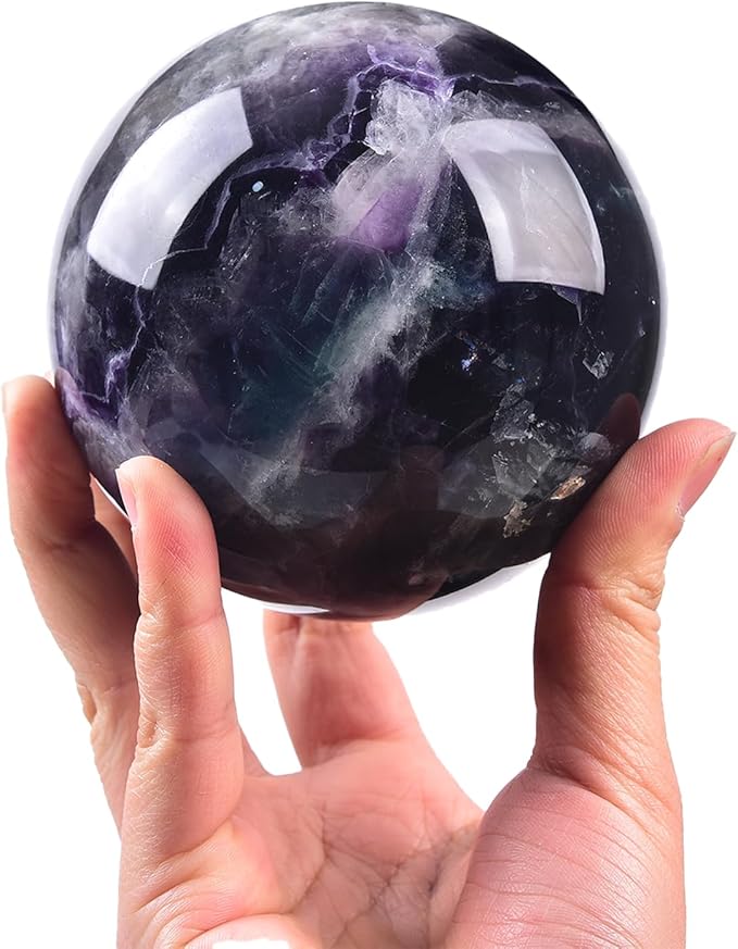 JIC Gem Large Crystal Sphere with Stand Colorful Fluorite Crystal Ball Gemstone Decorative Ball for Home Decor Altar Reiki Healing Gift 90-100mm