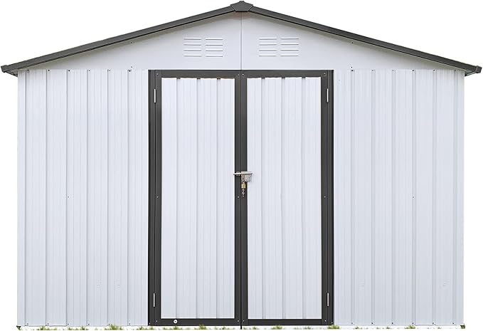 Sheds & Outdoor Storage 12 ft × 10 ft Storage Shed Large Classic Apex Roof Metal Garden Storage Sheds with Hinged Door Tool Cabinet for Backyard, Patio, Poolside, White + Gray
