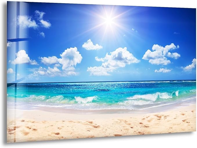 My Photostation.com 48Wx32H'' Summer Beach Landscape Glass Wall ArtTempered Glass Printing Wall Decor Large Wall Art Wall Hangings