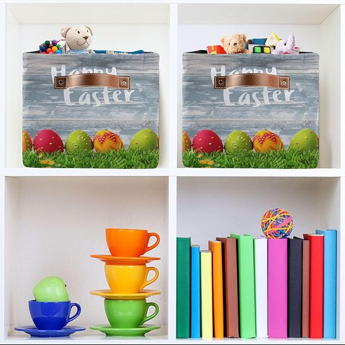 Happy Easter Eggs Storage Basket Cube Storage Bins Organizer Bag Collapsible Closet Shelf Baskets with handle for Baby Cloth Pet Toy Book 14.2×10.2×8.3 IN