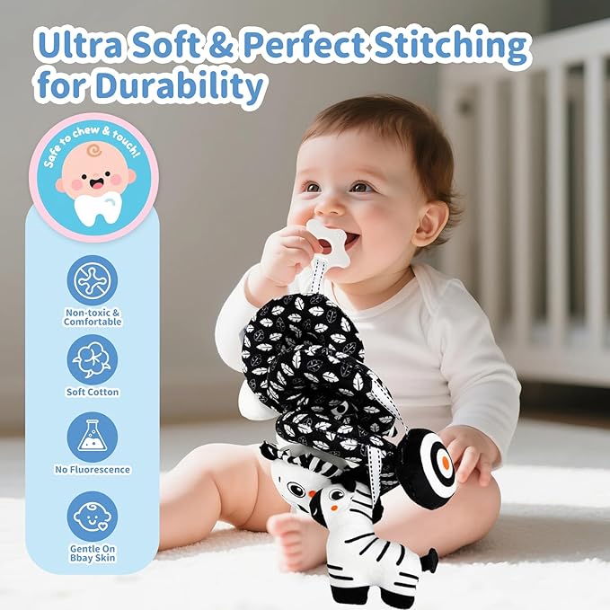 Car Seat Toys for Babies 0-6 Months,Hanging Rattle Toys for Crib Mobile, Baby Spiral Hanging Stroller Black and White High Contrast Toys for Newborn 0 3 6 9 12 Months Baby Boys Girls (Lion)