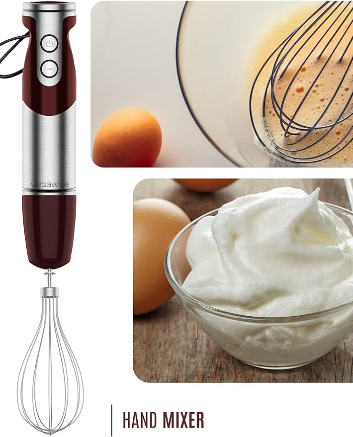 MegaWise Pro Titanium Reinforced 3-in-1 Immersion Corded Hand Blender, Powerful MOTOR with 80% Sharper Blades, 12-Speed Corded Blender, IncludingWhisk and Milk Frother (3-in 1 Red)