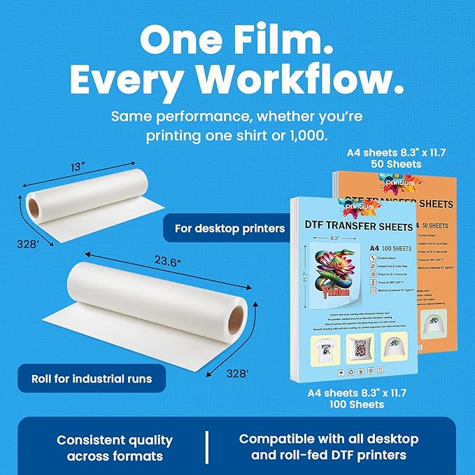 DTF Transfer Film Roll 23.6in x 328ft – Premium Plus Hot & Cold Peel – Double Matte Anti-Static Coating – Heat Transfer Film for Vibrant Colors & Durable Prints – Works with All DTF Printers