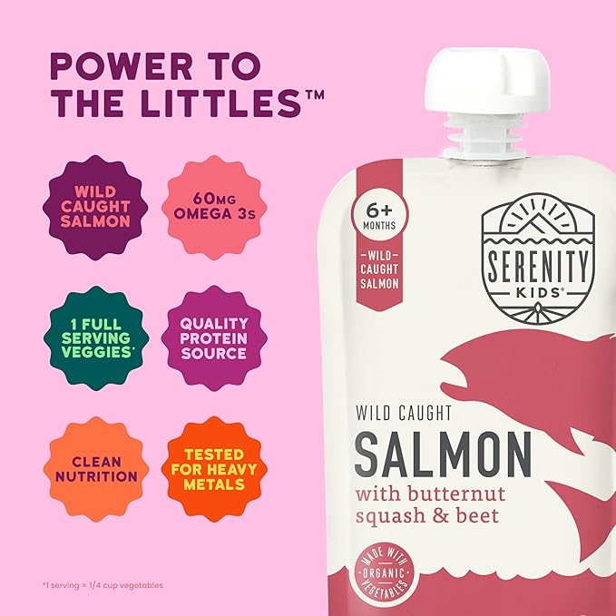 Serenity Kids 6+ Month Salmon Baby Food Pouches - BPA-Free Wild Caught Salmon & Organic Butternut Squash & Beet - No Added Sugar & High Protein - 3.5 Oz, 6 Pack