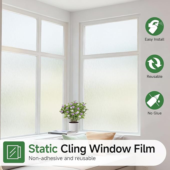 Borsky Frosted Glass Window Film - Static Cling, 96% UV Blocking Non-Adhesive Privacy Window Film, Removable Window Cling with Day & Night Privacy for Bathroom Home Office, 17.5 x 393.7 Inches, Pure